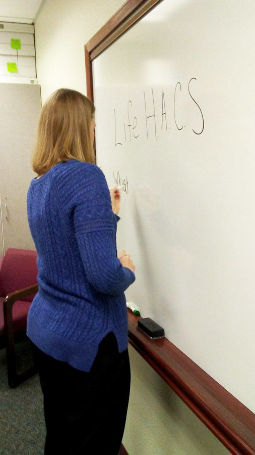 Conselor Laci Cox prepares for a meeting of the newly formed Life H.A.C.S. group recently. The group started meeting on Sept. 25 in the counseling center.