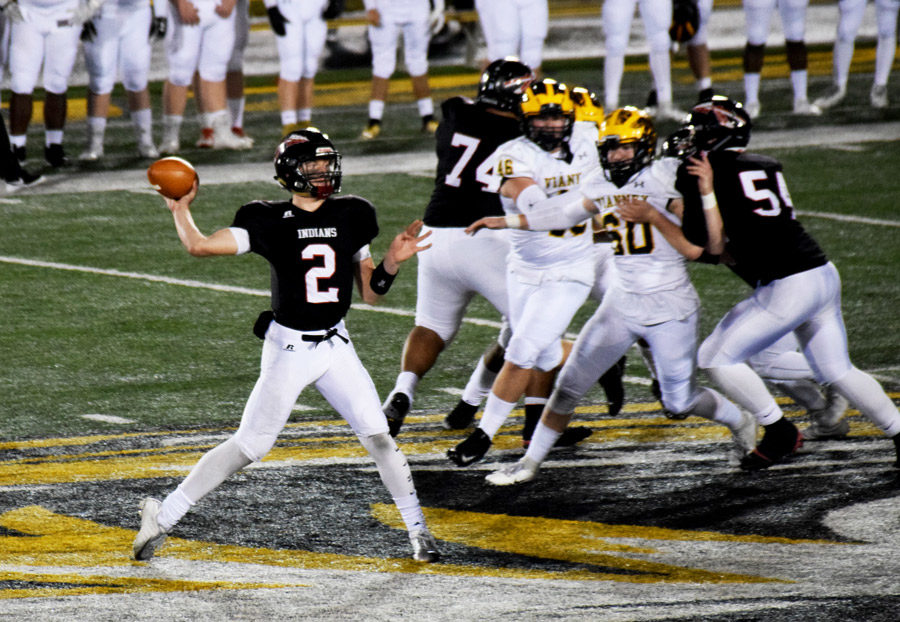 Seeing an open receiver, Senior Quarterback Ty Baker (2) passes the ball downfield in the MSHSAA Class 5 Show Me Bowl Dec. 1. Baker completed 7 of 11 passes for 114 yards and ran 19 times for 85 yards in the 28-14 loss to Vianney.