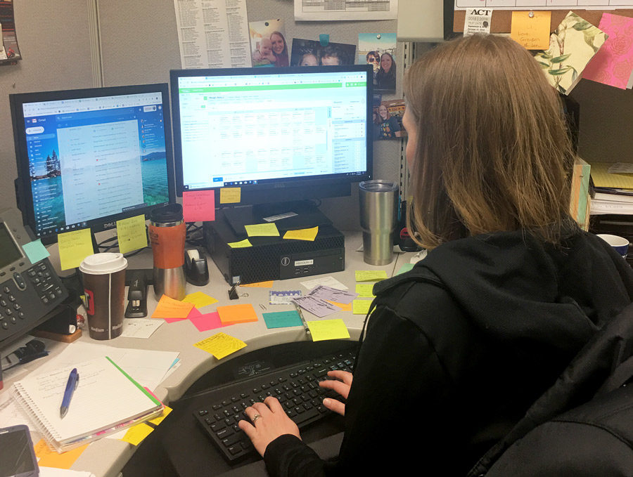 High School Counselor Ms. Laci Cox works in her office to prepare for next years schedule. Students recently completed their schedule requests for the 2019-20 school year.