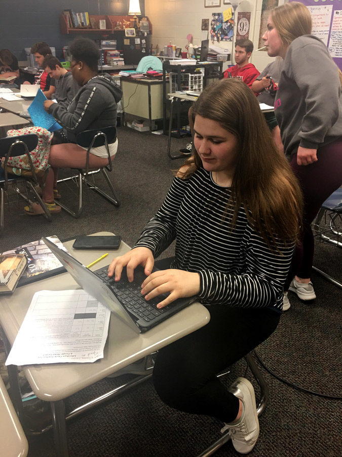 Sophomore Eileane Fraziar composes her opinion editorial for the New York times contest. Students in Dr. Pam Lingelbach’s Sophomore ELA classes wrote about a variety of topics for the contest.