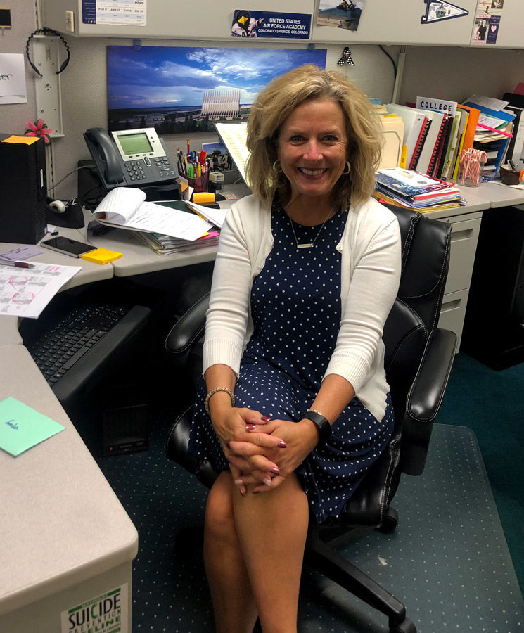 Working her last few days, Counselor Ms. Mary Hay takes a moment for this photo. Ms. Hay will retire at the end of the 2018-19 school year after 19 years of service to the district.