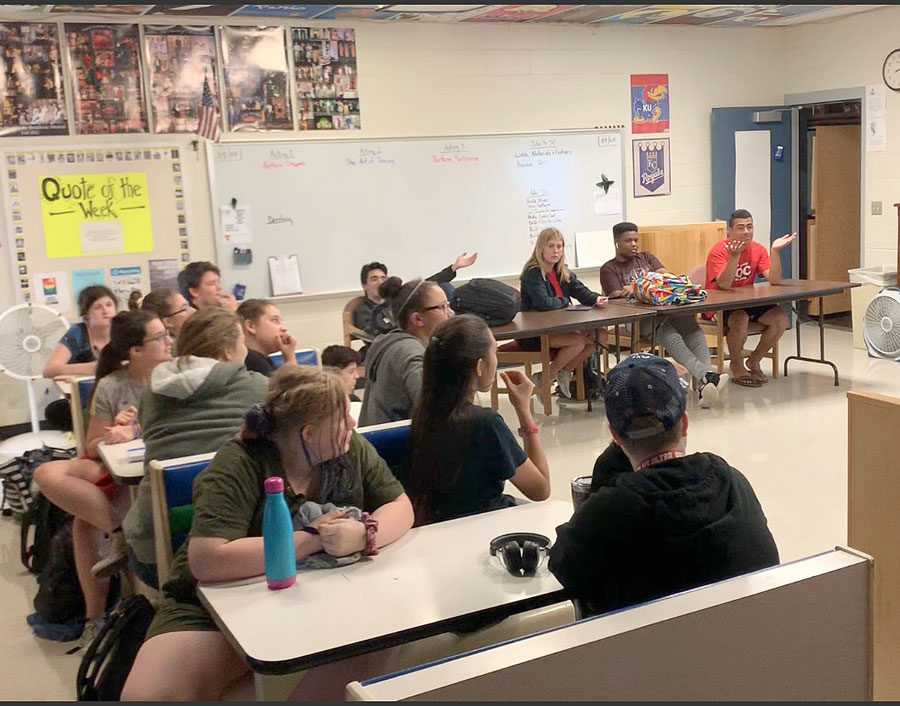 Getting their comments heard, members of the Drama Club weigh in on this years T-shirt at a recent meeting. The club meets during collaboration on the first Thursday of each month.