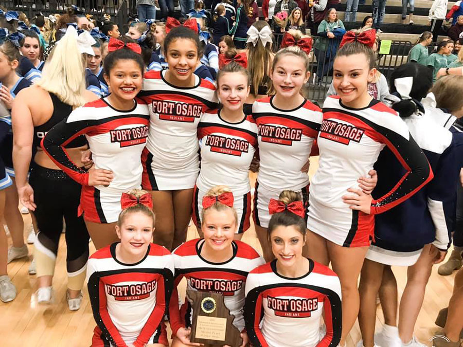 The Cheer Team poses with it's 2nd Place plaque at the State Tournament in Columbia. The team consists of (Front row L to R) seniors Sydnei Flaig, Taylor Menne and Sam Mygatt. (Back row L to R) freshman Lohany Galeas, freshman Tatyana Blankinship, sophomore Jaden Wolfe, freshman Madison Corish and freshman Courtney Canzonere.