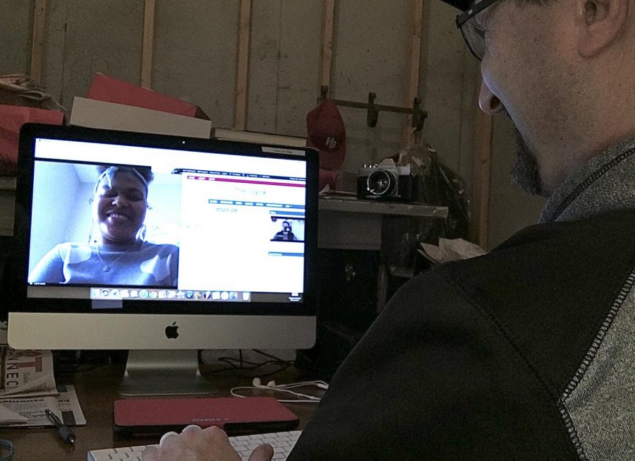 Working on a story for The Signal, Mr. Benjamin Merithew collaborates with sophomore Lailah Bobo over Google Meet during the COVID-19 school shut down. Mr. Merithew was named the 2020 Fort Osage High School Teacher of the year on March 16.