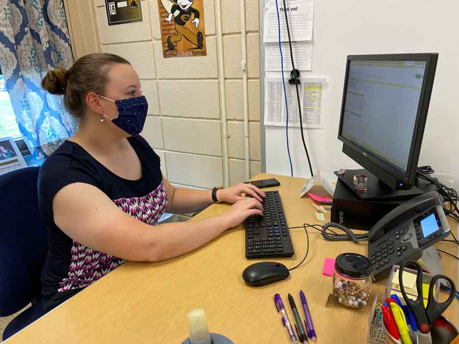 Assignments in Cyberspace. Working on her virtual classes, Ms. Rachel Schaller prepares an assignment for the class. Ms. Schaller started her first year at FOHS and received her education from Emporia State University.