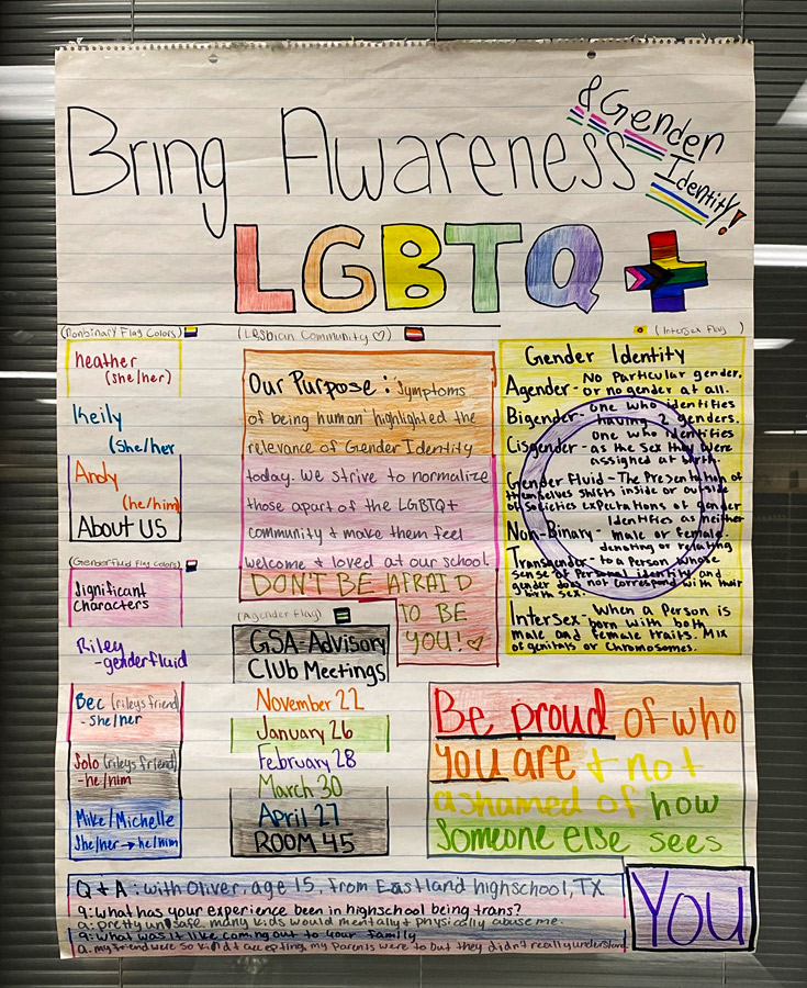 AWARENESS. Seniors Bella Gilmore and Emma James created this poster for their Current Events class. Students in the course presented their projects in the library on Nov. 19.