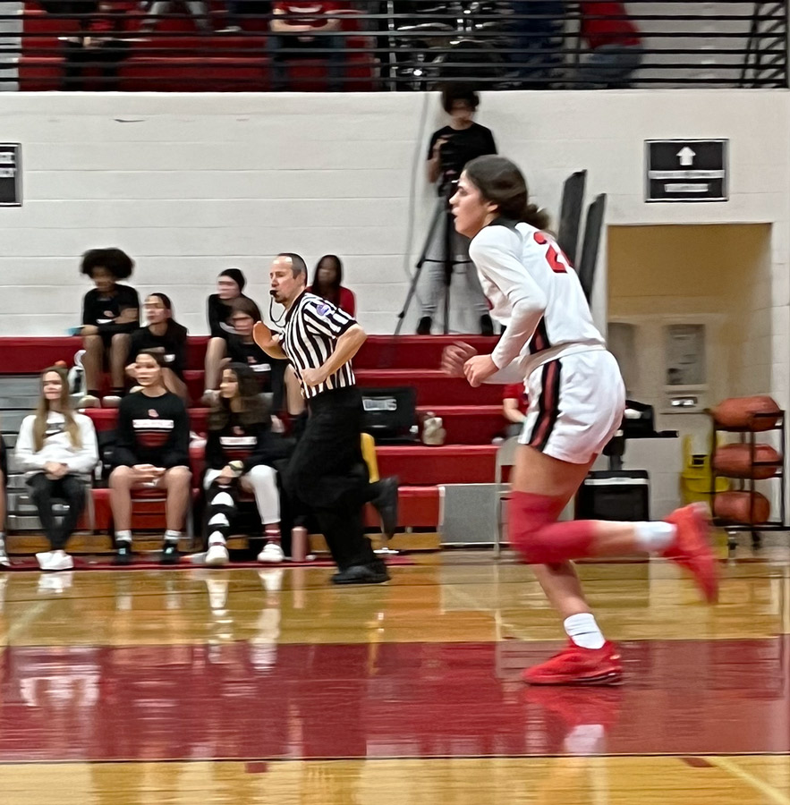 HUSTLE. Moving to her offensive position, Junior Macie Smith runs down the court. The Indians lost to Central (St. Joseph) 66-31 on Jan. 6.