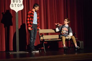 SUPPORTING ROLE. Freshman Supha Yates (R) performs a scene with Junior Alejandro Castillo (L) during the production of “Freaky Friday.”  Yates received a Outstanding Actor in a Supporting Role nomination from the Blue Star Awards committee.