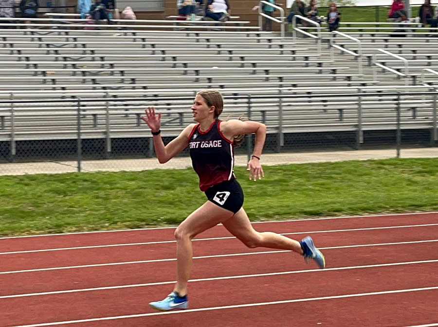 RUNNING. Senior Paige Franks runs a race during the Independence City Championships. She finished 1st in all of her events. “Winning all of my races is a really good feeling and I can’t wait for the rest of the season.”