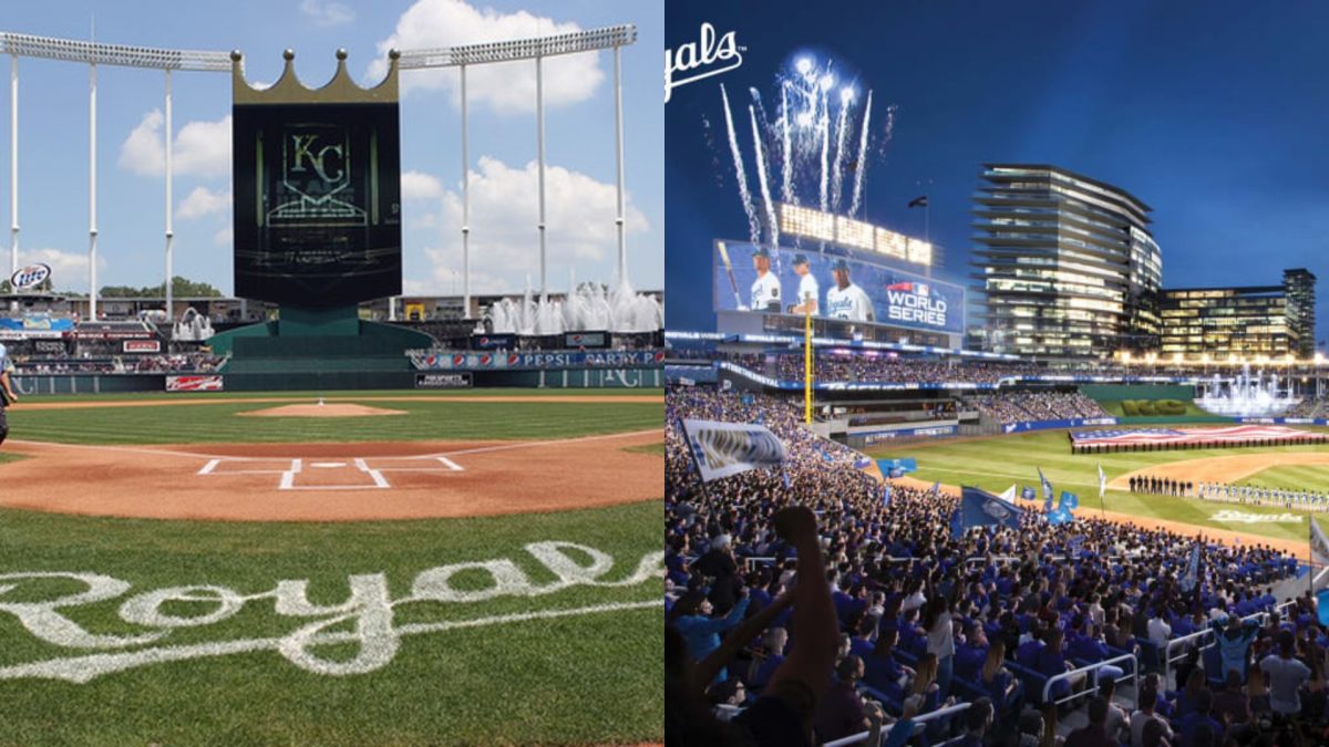 The current Royals stadium (left) alongside what the new stadium could look like (right). There will be a vote on April 2nd about whether the fans want to pay the tax for the new stadium. Junior baseball player Tucker Krevitz believes the new stadium has potential. “I think the idea is really cool but parking will be rough,” Krevitz said.

